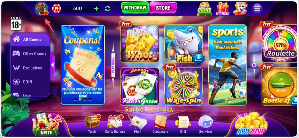 Main game screen with profile avatar highlighted