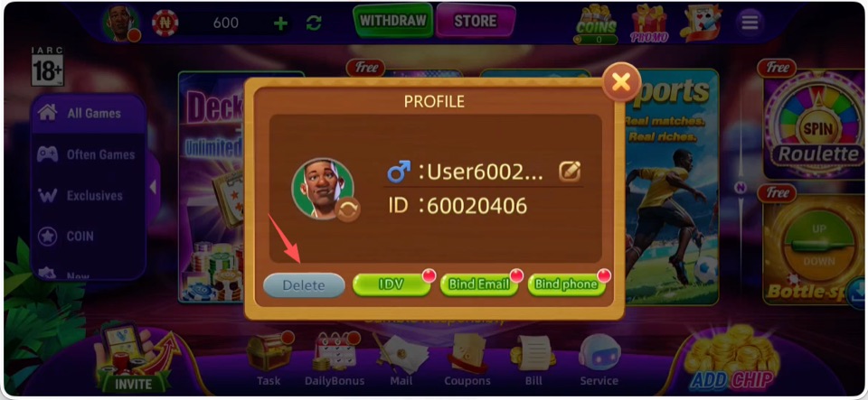 Profile pop-up with Delete button highlighted