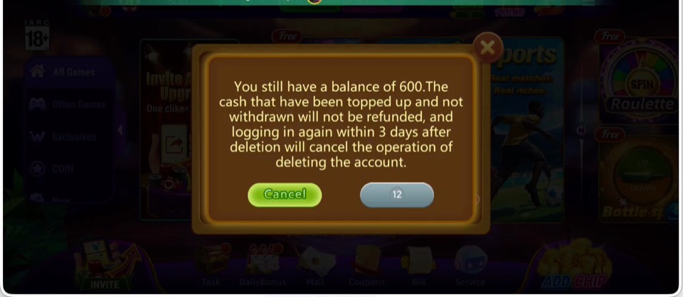 Account deletion balance notice